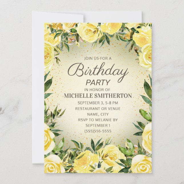 Yellow Watercolor Floral Glitter Adult Birthday Invitation (Front)
