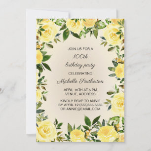 Yellow Watercolor Floral Greenery 100th Birthday Invitation