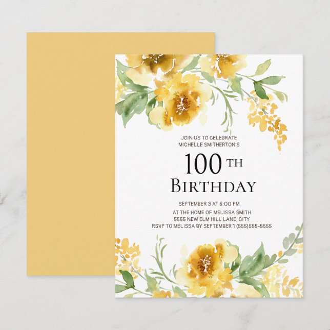 Yellow Watercolor Floral Greenery 100th Birthday Invitation (Front/Back)