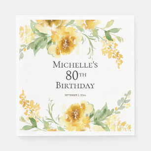 Yellow Watercolor Floral Greenery 80th Birthday Napkin