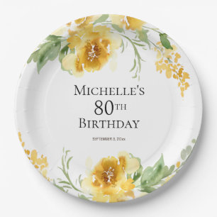 Yellow Watercolor Floral Greenery 80th Birthday Paper Plate