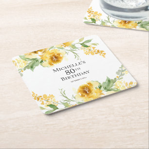 Yellow Watercolor Floral Greenery 80th Birthday Square Paper Coaster