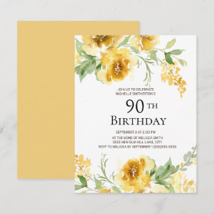 Yellow Watercolor Floral Greenery 90th Birthday Invitation