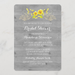 Yellow Watercolor Floral Grey Wood Bridal Shower Invitation
