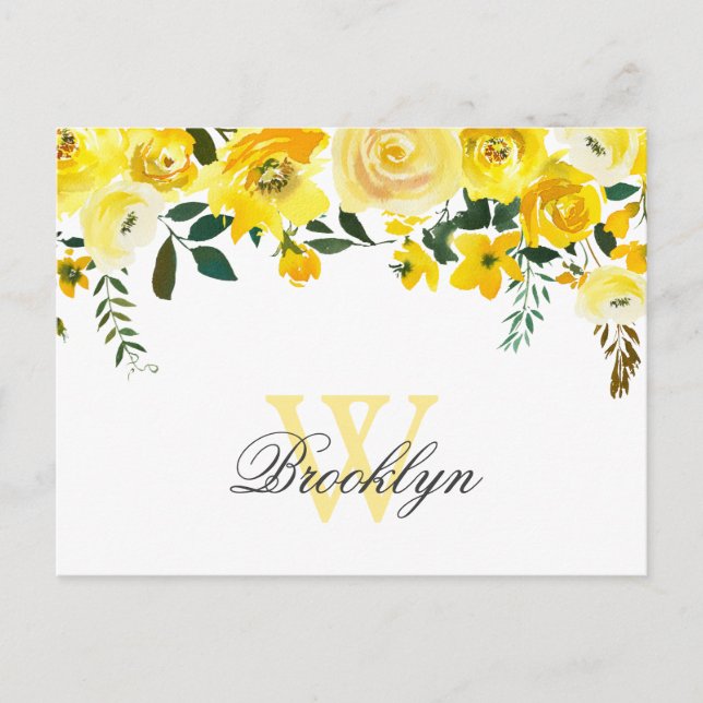 Yellow Watercolor Floral Monogrammed Thank You  Postcard (Front)