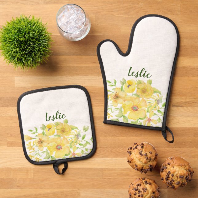 Yellow watercolor floral  oven mitt & pot holder set (Top Down)
