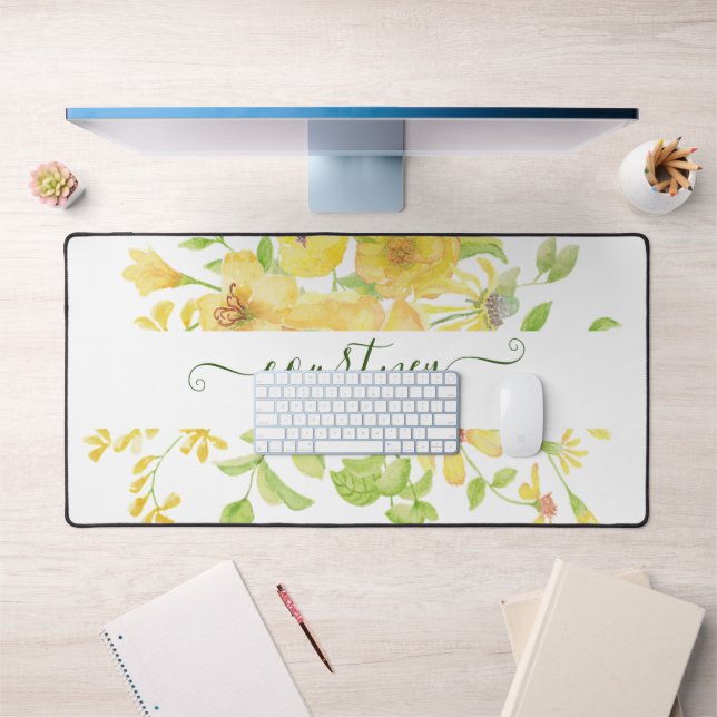 Yellow watercolor floral personalised   desk mat (Office 1)