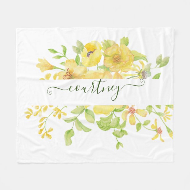 Yellow watercolor floral personalised   fleece blanket (Front (Horizontal))
