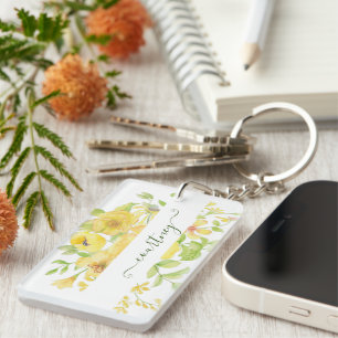 Yellow watercolor floral personalised  key ring