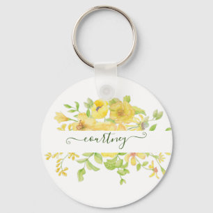 Yellow watercolor floral personalised   key ring