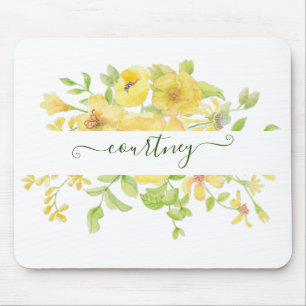 Yellow watercolor floral personalised mouse mat