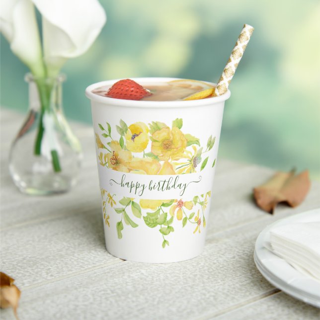 Yellow watercolor floral personalised   paper cups (Insitu)