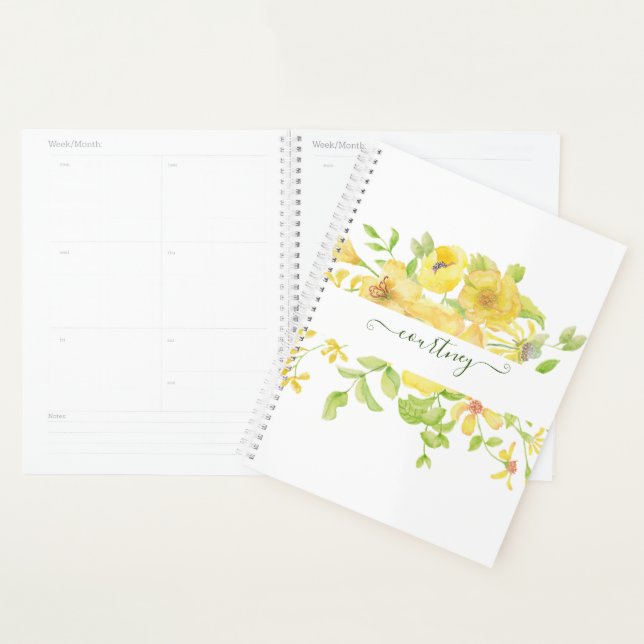Yellow watercolor floral personalised   planner (Display)