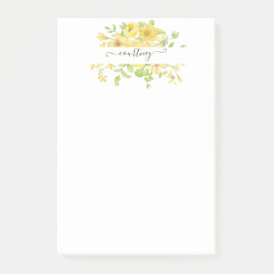 Yellow watercolor floral personalised post-it notes