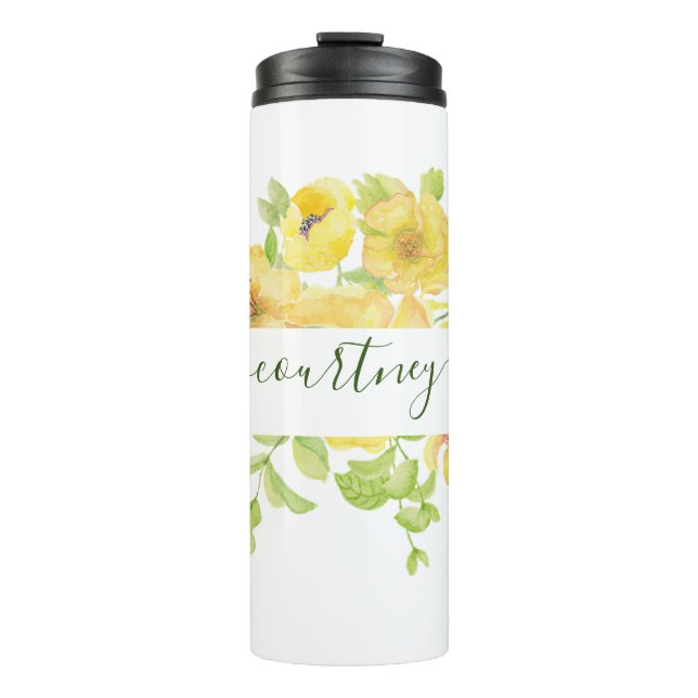 Yellow watercolor floral personalised   thermal tumbler (Front)