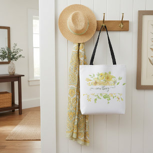 Yellow watercolor floral personalised   tote bag