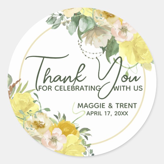 Yellow Watercolor Floral Thank You  Classic Round Sticker (Front)