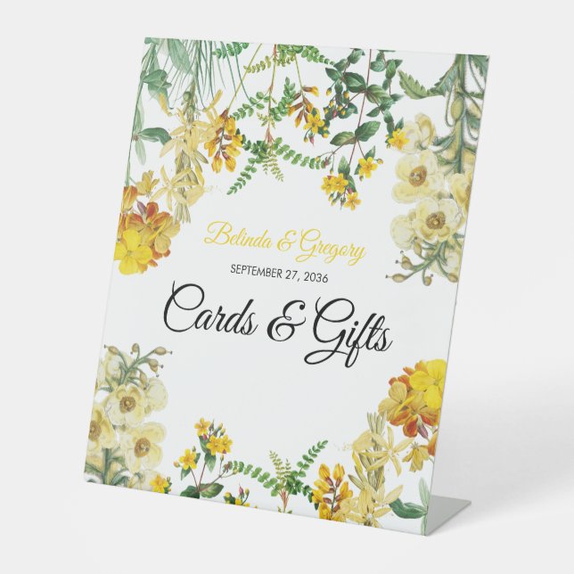 Yellow Watercolor Floral Wedding Cards & Gifts  Pedestal Sign (Front)