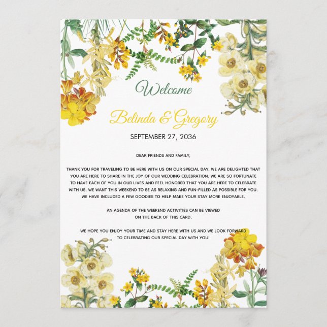 Yellow Watercolor Floral Wedding Itinerary Program Programme (Front)