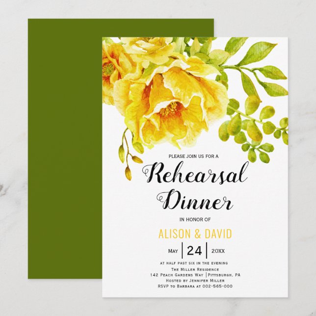 Yellow watercolor floral wedding rehearsal dinner invitation (Front/Back)