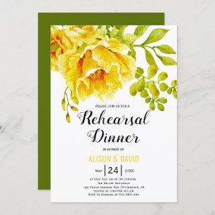 Yellow watercolor floral wedding rehearsal dinner invitation
