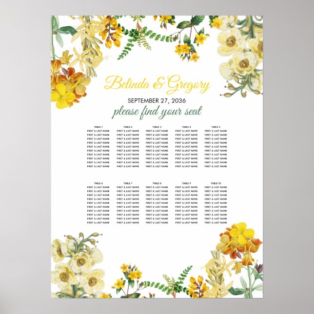 Yellow Watercolor Floral Wedding Seating Chart (Front)