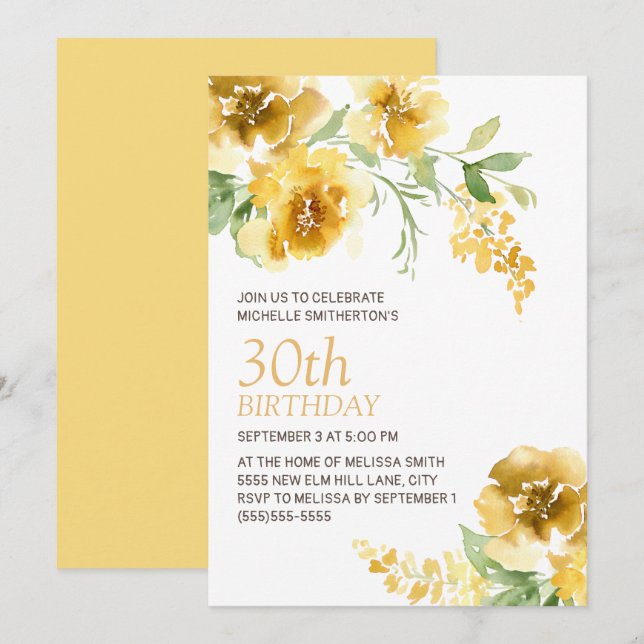 Yellow Watercolor Floral Women's 30th Birthday  Invitation (Front/Back)