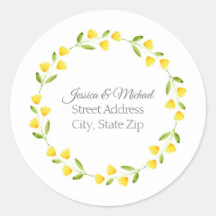 Yellow Watercolor Floral Wreath  Classic Round Sticker