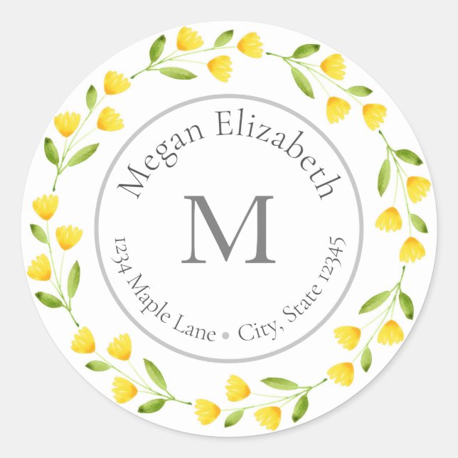Yellow Watercolor Floral Wreath labels (Front)