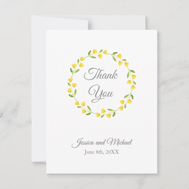 Yellow Watercolor Floral Wreath  Thank You Card (Front)