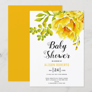 Yellow watercolor flowers and leaves baby shower invitation
