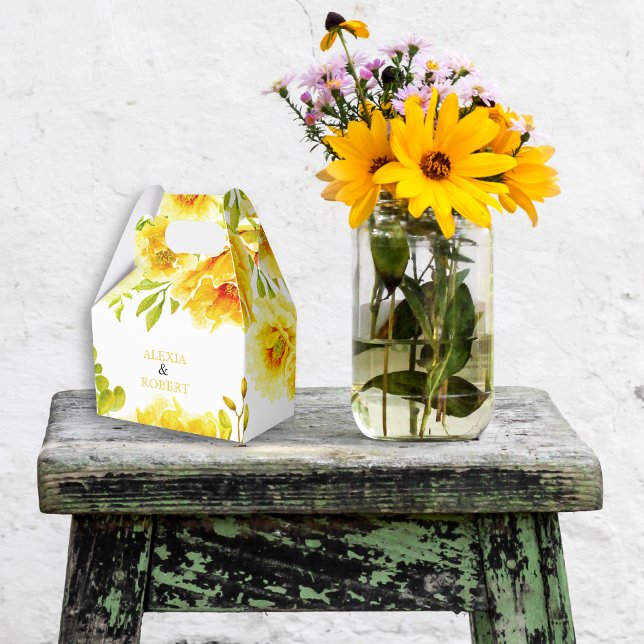 Yellow watercolor flowers and leaves wedding favour box (Creator Uploaded)
