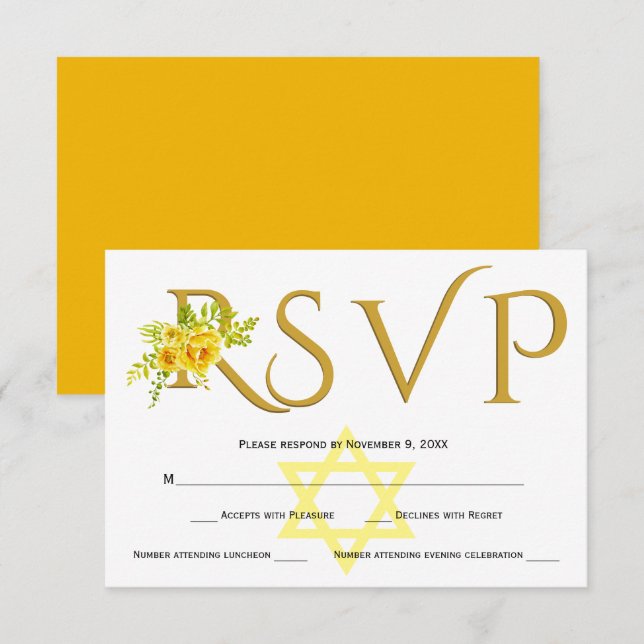 Yellow watercolor flowers B' Not Mitzvah RSVP Card (Front/Back)