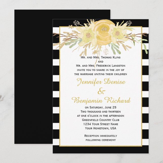 Yellow Watercolor Flowers Black Stripes Invitation (Front/Back)