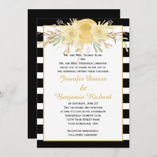 Yellow Watercolor Flowers Black Stripes Invitation
