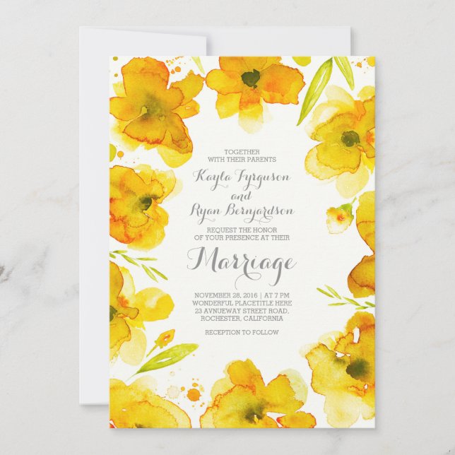 yellow watercolor flowers elegant wedding invitation (Front)