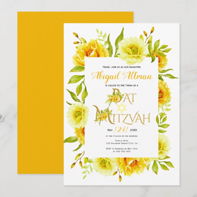 Yellow watercolor flowers floral Bat Mitzvah Invitation (Front/Back)