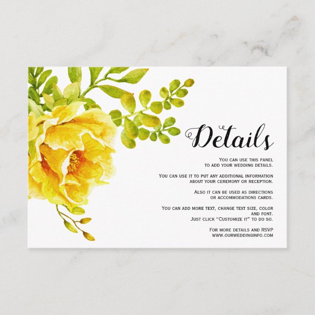 Yellow watercolor flowers floral wedding details enclosure card (Front)
