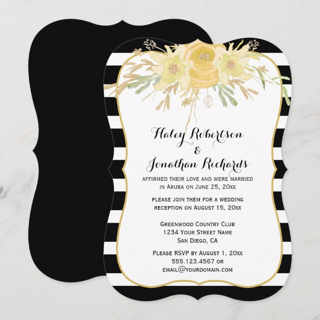 Yellow Watercolor Flowers Gold Sparkles Weddings Invitation (Front/Back)