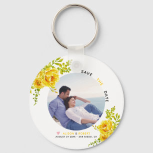 Yellow watercolor flowers, green leaves and photo key ring