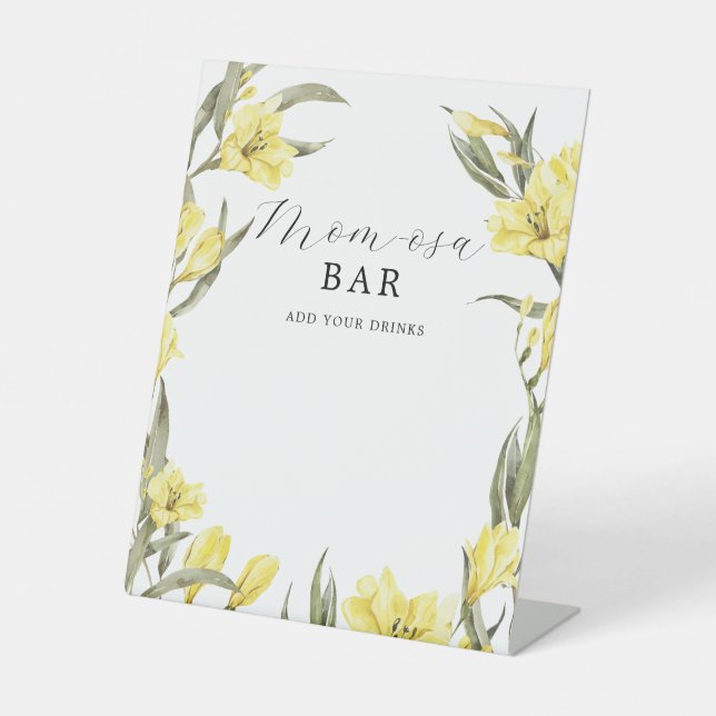 Yellow Watercolor Flowers Mum-osa Bar Baby Shower  Pedestal Sign (Front)