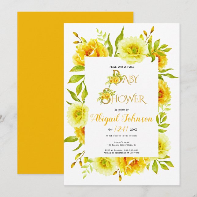 Yellow watercolor flowers neutral baby shower invitation (Front/Back)