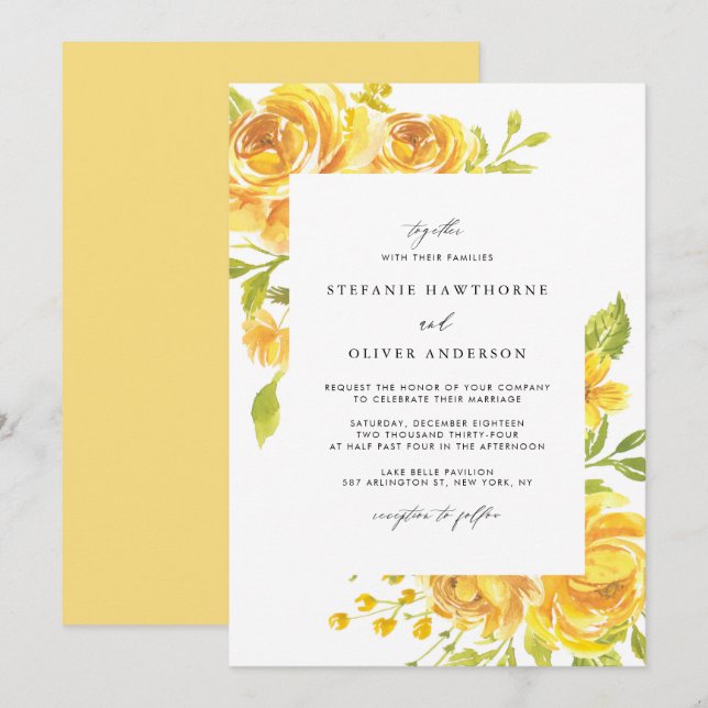 Yellow Watercolor Flowers Spring Wedding Invitation (Front/Back)
