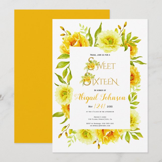 Yellow watercolor flowers sweet sixteen birthday invitation (Front/Back)