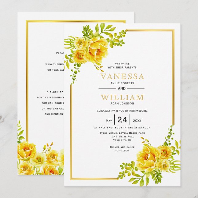Yellow watercolor flowers wedding request invitation (Front/Back)