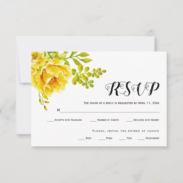 Yellow watercolor flowers wedding RSVP card (Front)