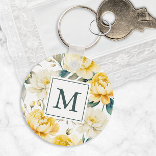 Yellow Watercolor Garden Flowers Monogrammed Key Ring