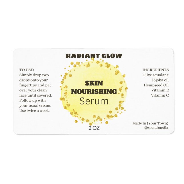 Yellow Watercolor Gold Glitter Drops Serum Labels (Front)