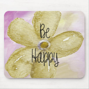 Yellow Watercolor Happy Flower Mouse Mat