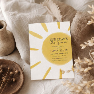 Yellow Watercolor Here Comes The Sun Baby Shower Invitation